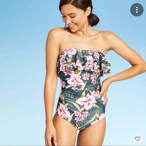 KONA SOL STRAPLESS Ruffle FLORAL One Piece SWIM SUIT size Large NWOT
